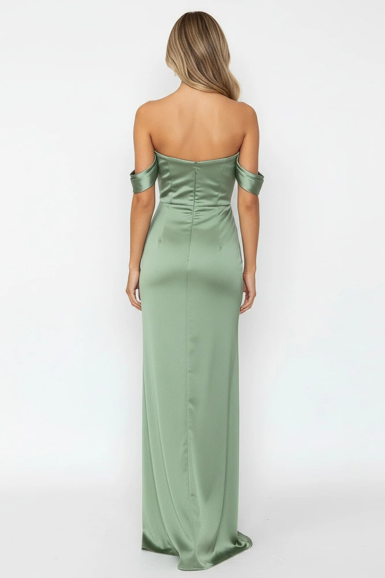 Simple Elegant Off Shoulder Pleated Satin Olive Floor Length Prom Dress With Slit