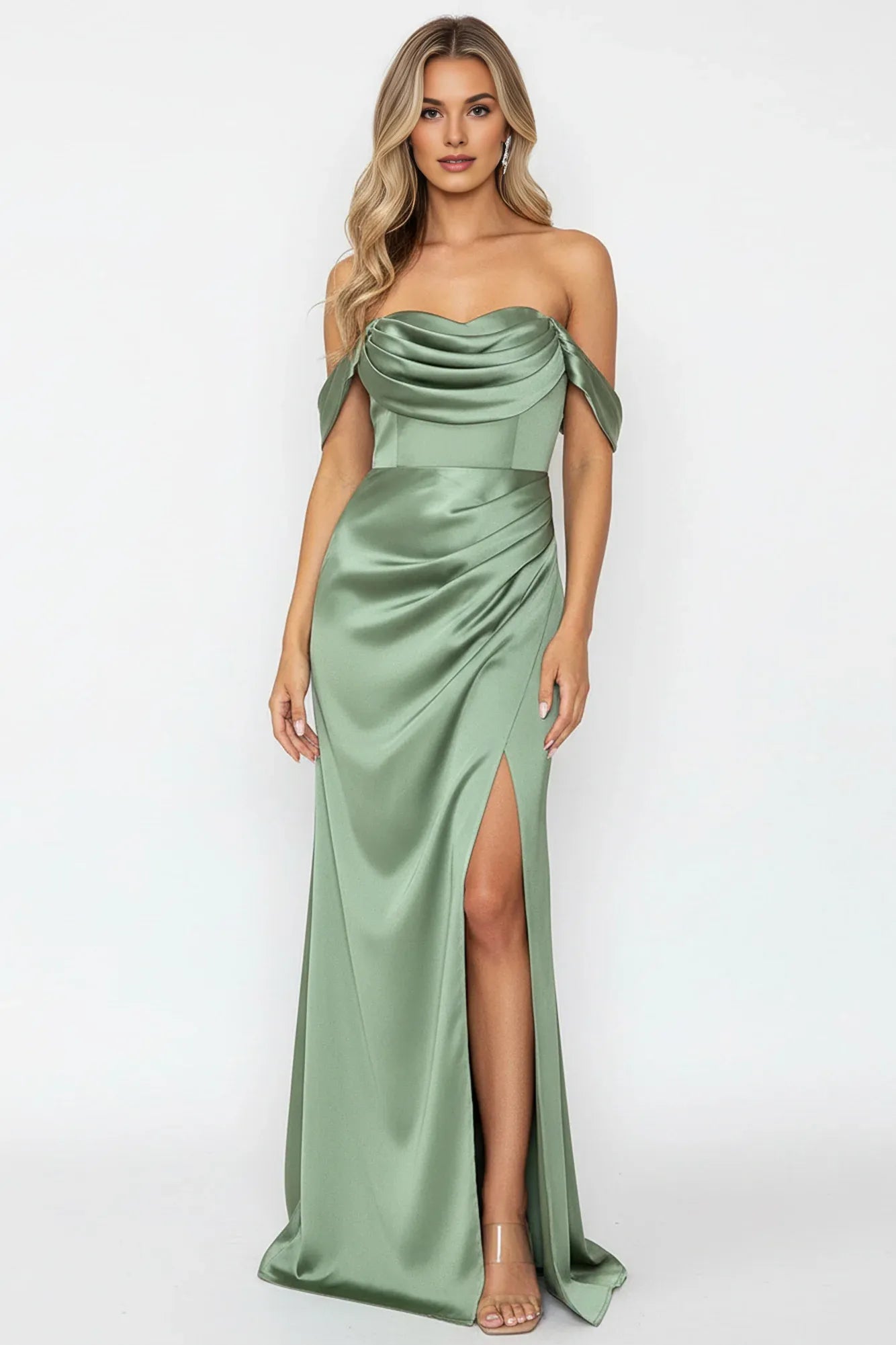 Simple Elegant Off Shoulder Pleated Satin Olive Floor Length Prom Dress With Slit