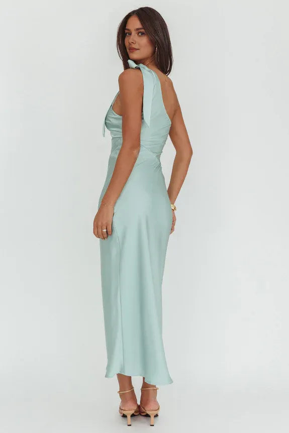 Simple Elegant One-Shoulder Bow Sage Maxi Homecoming Dress Prom Dress