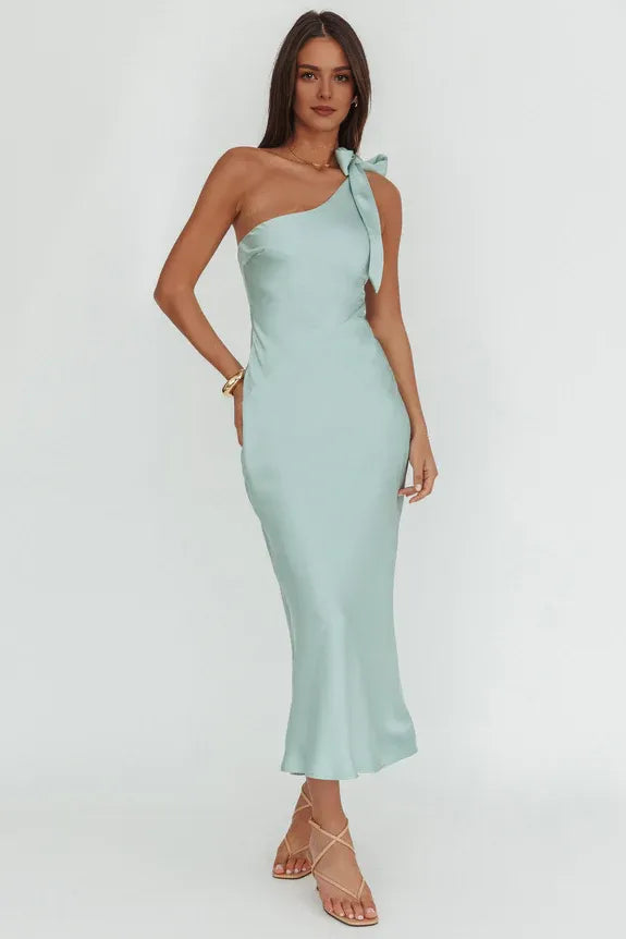 Simple Elegant One-Shoulder Bow Sage Maxi Homecoming Dress Prom Dress