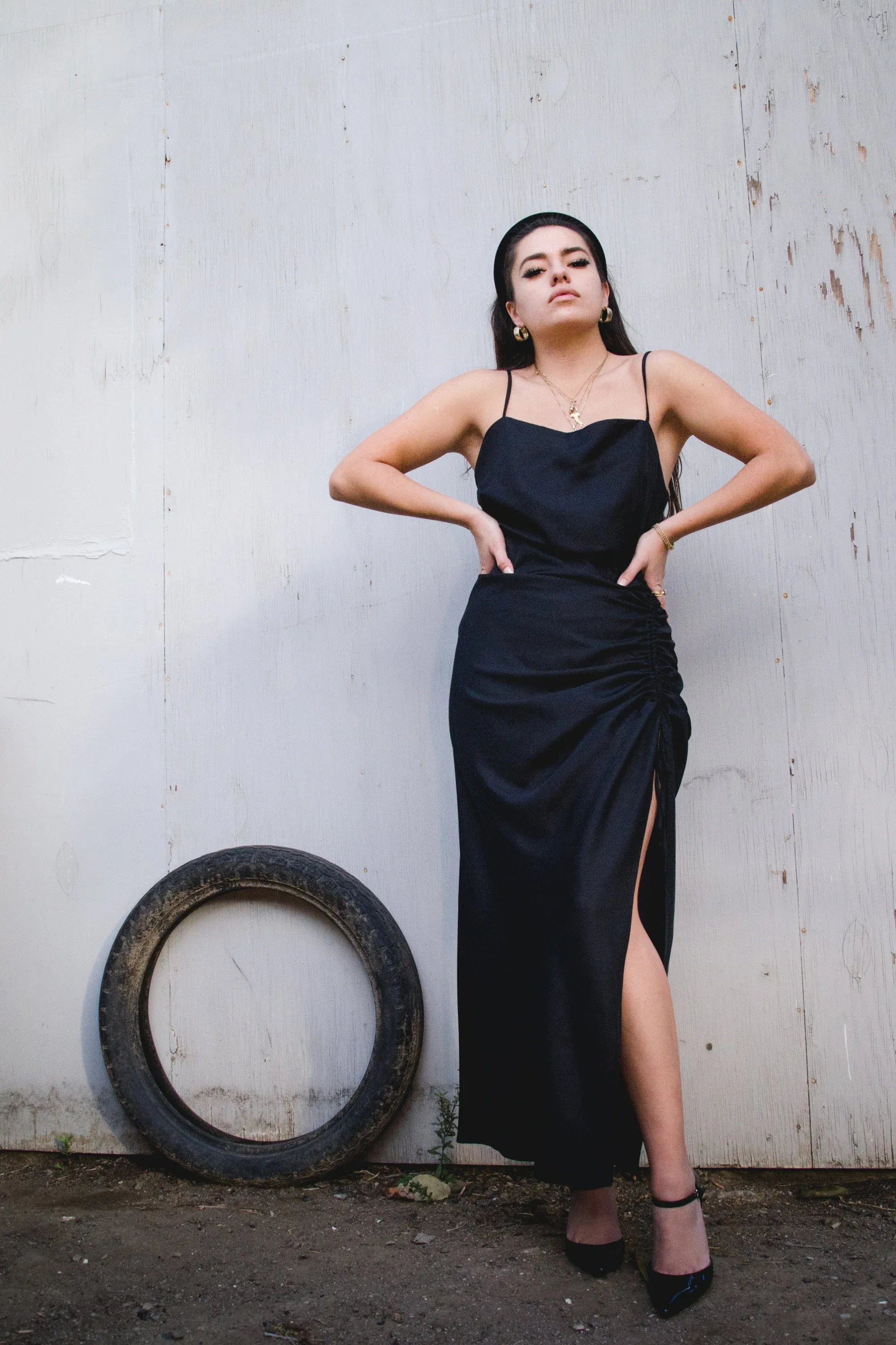 Simple Elegant Spaghetti Straps Slit Black Ankle Length Prom Dress With Scrunch Side