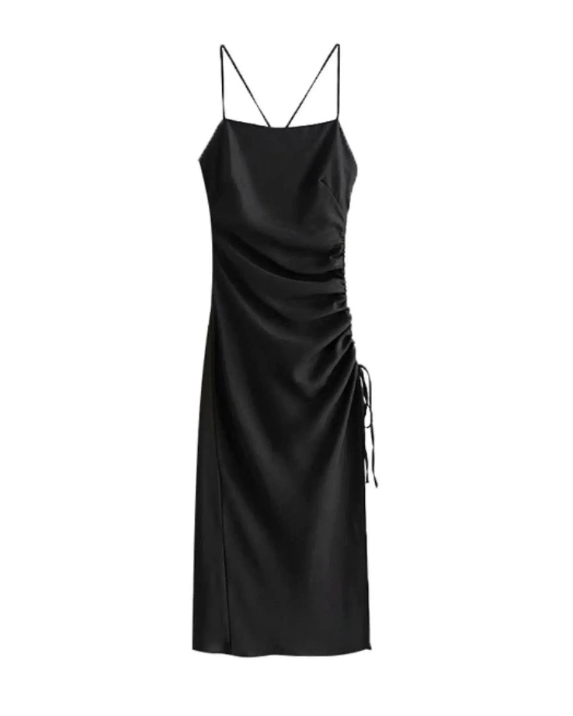 Simple Elegant Spaghetti Straps Slit Black Ankle Length Prom Dress With Scrunch Side