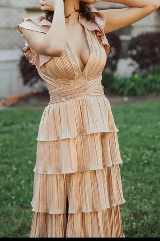 Simple Gold Satin Tiered A line Slit Long Prom Dresses Deep V Neck Evening Dress