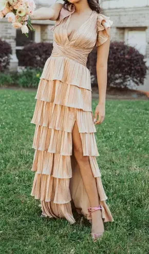 Simple Gold Satin Tiered A line Slit Long Prom Dresses Deep V Neck Evening Dress