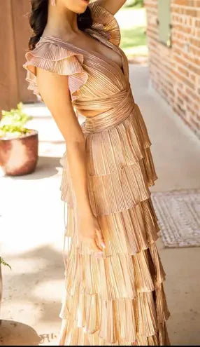 Simple Gold Satin Tiered A line Slit Long Prom Dresses Deep V Neck Evening Dress