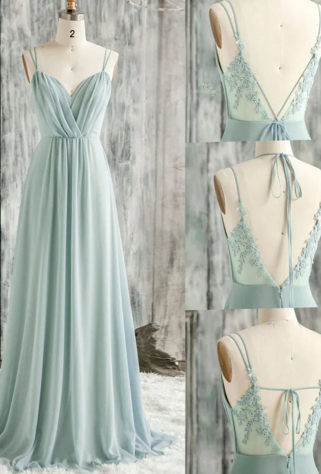 Simple Green Chiffon Lace V-neck Spaghetti Straps Long Ball Gown Lace Bridesmaid Dress