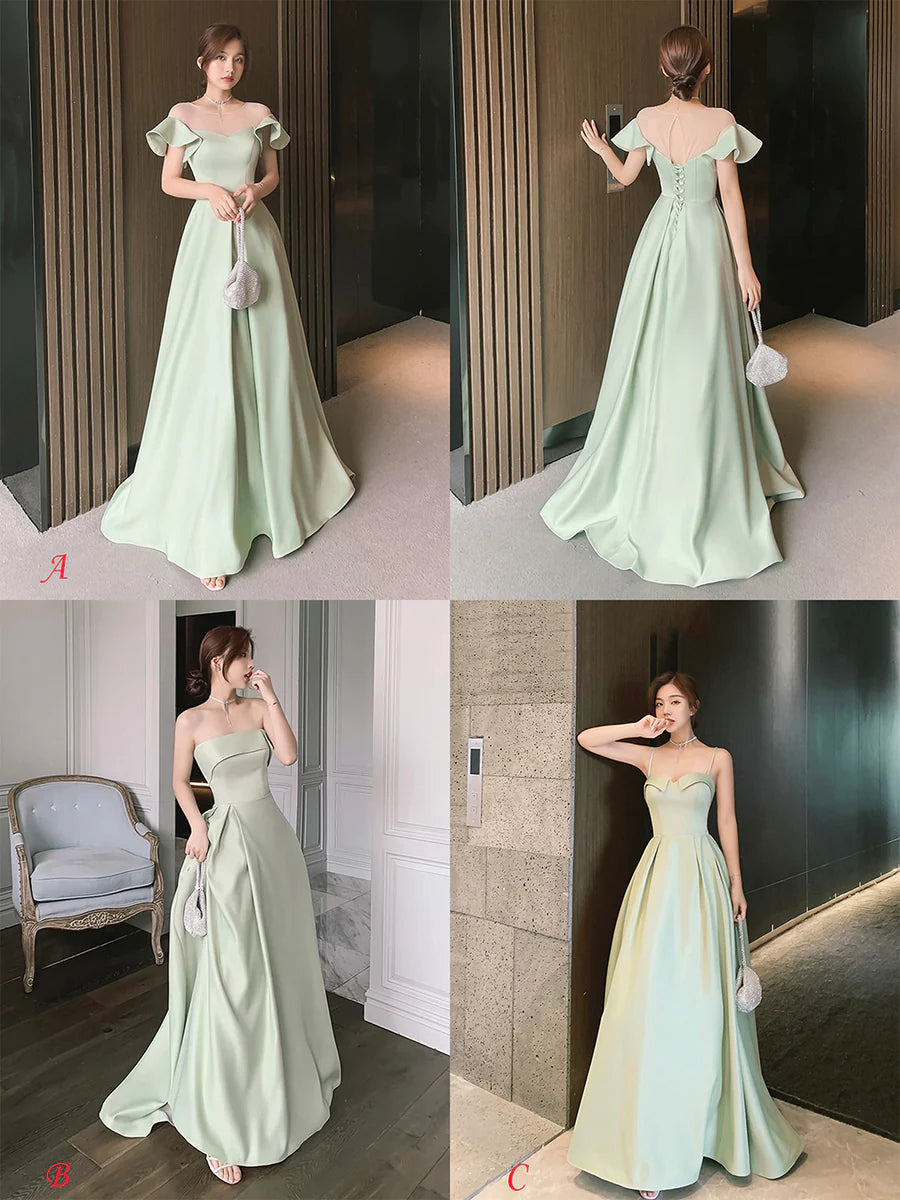 Simple Green Satin A-Line Floor Length Prom Dress Evening Party Dress