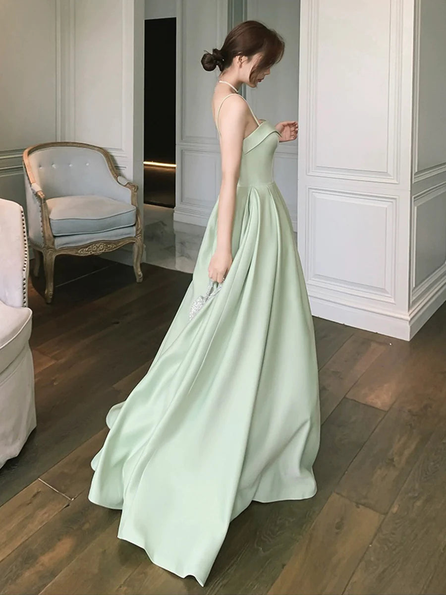 Simple Green Satin A-Line Floor Length Prom Dress Evening Party Dress