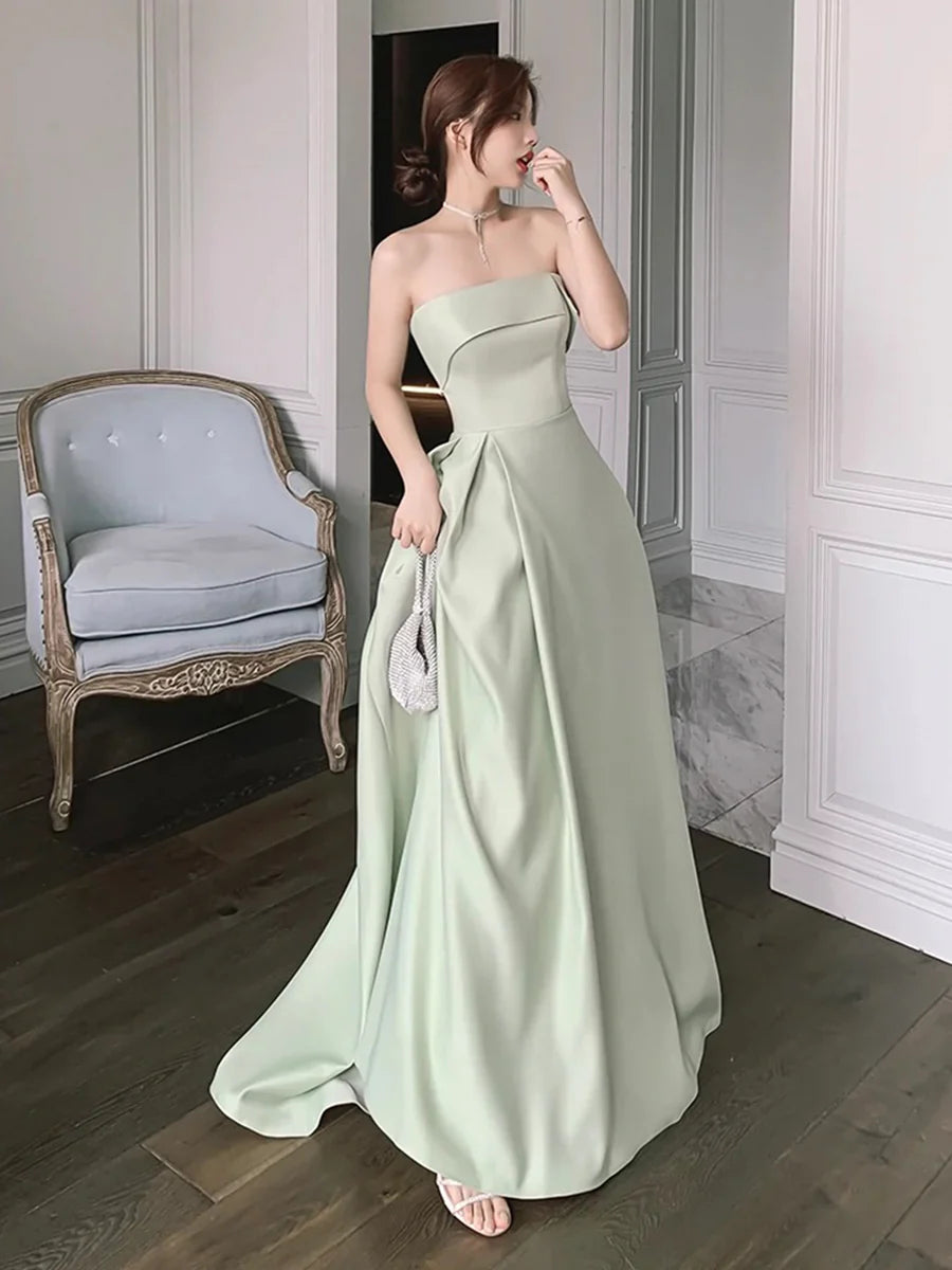 Simple Green Satin A-Line Floor Length Prom Dress Evening Party Dress