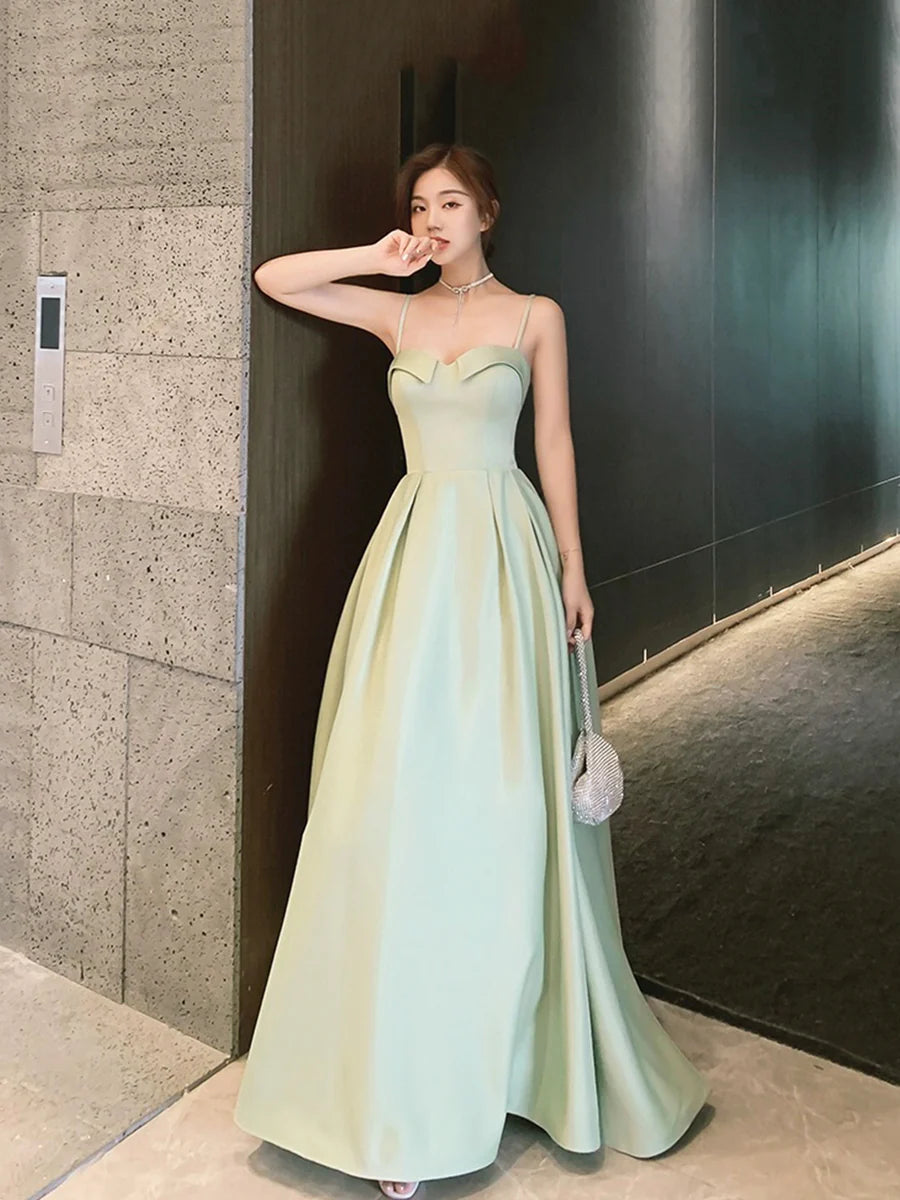 Simple Green Satin A-Line Floor Length Prom Dress Evening Party Dress