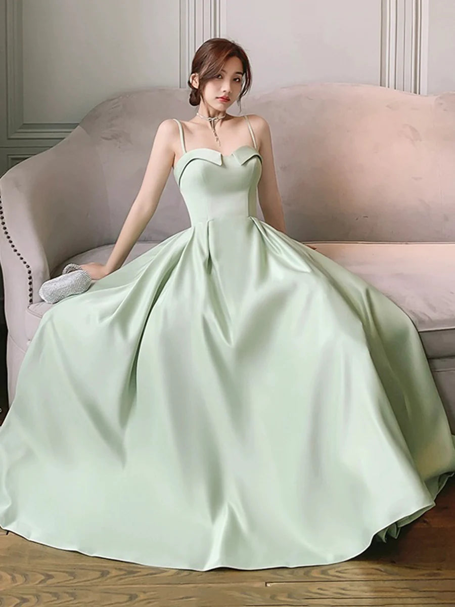 Simple Green Satin A-Line Floor Length Prom Dress Evening Party Dress