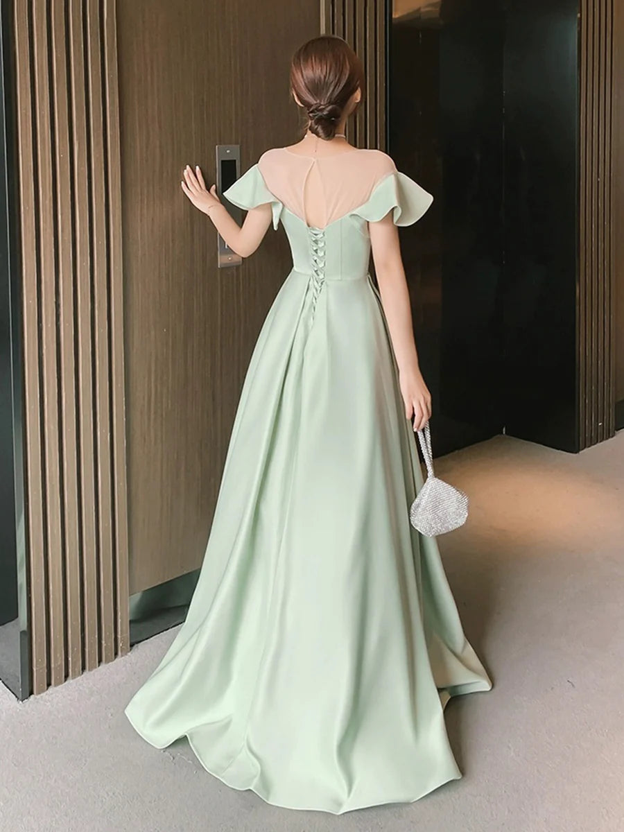 Simple Green Satin A-Line Floor Length Prom Dress Evening Party Dress