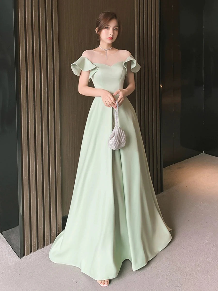 Simple Green Satin A-Line Floor Length Prom Dress Evening Party Dress