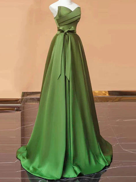 Simple Green Satin V-neckline A-line Floor Length Party Dress Prom Dress