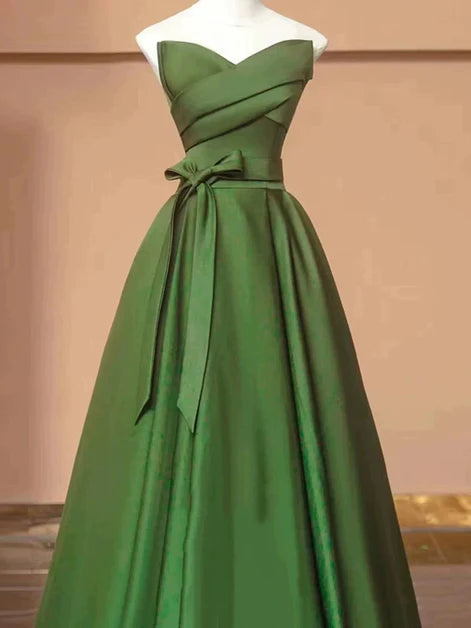 Simple Green Satin V-neckline A-line Floor Length Party Dress Prom Dress
