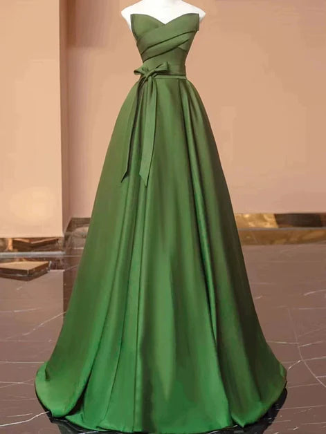 Simple Green Satin V-neckline A-line Floor Length Party Dress Prom Dress
