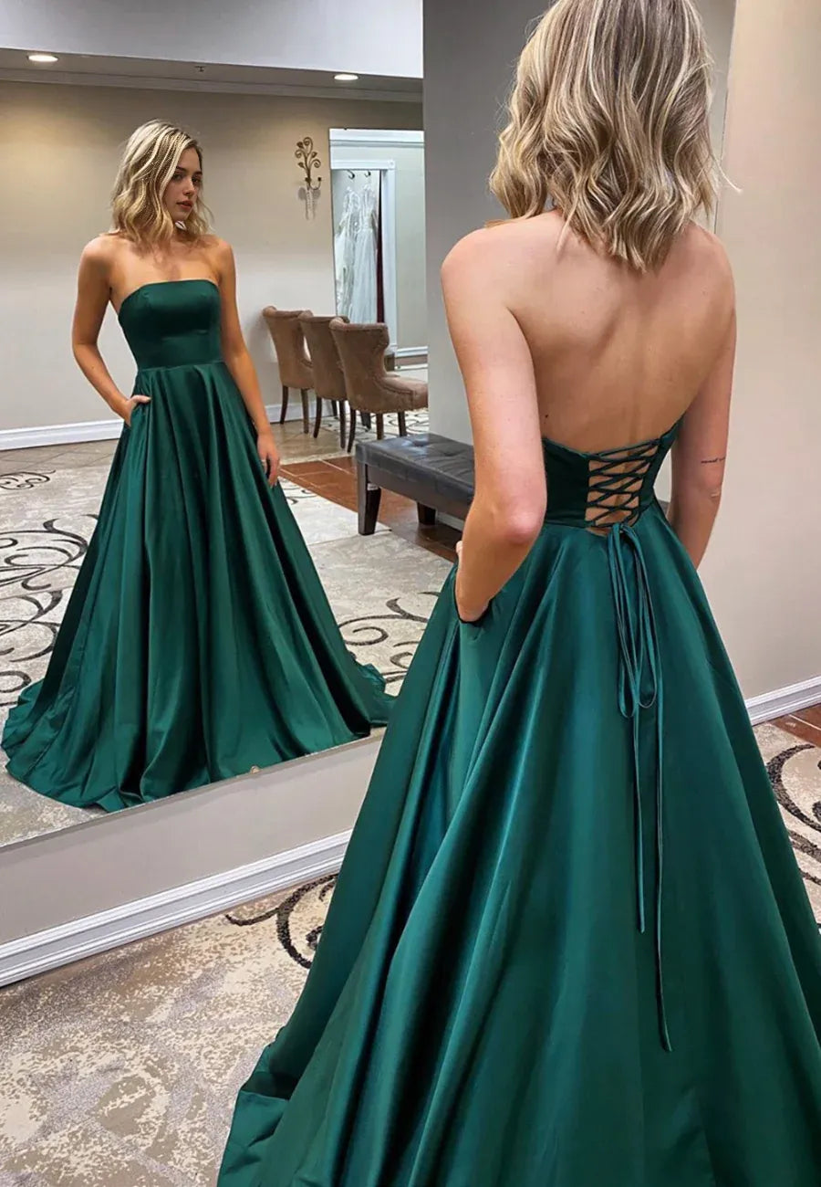 Simple Green Strapless Open Back Floor Length Long Prom Dresses A-Line Evening Dresses
