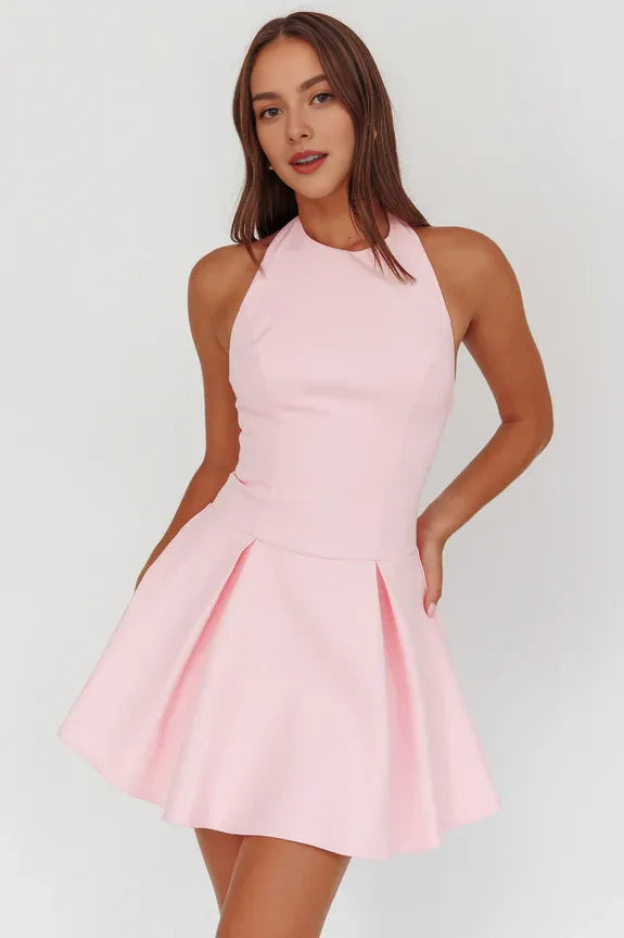 Simple Halter Box Pleat Open Back Pink Mini Homecoming Dress With Button