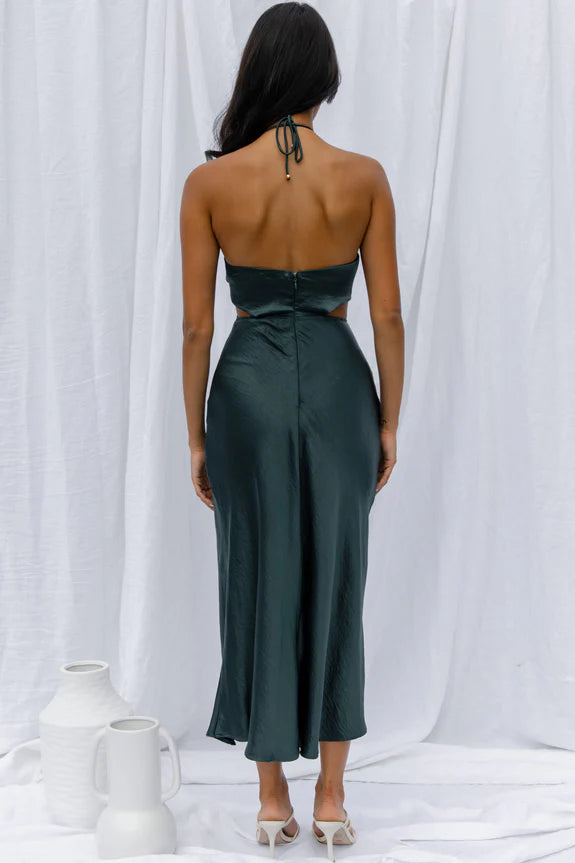 Simple Halter Neck Butterfly Cut-Out Waist Satin Jade Midi Evening Dress