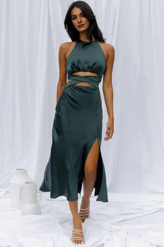 Simple Halter Neck Butterfly Cut-Out Waist Satin Jade Midi Evening Dress