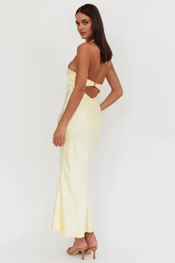 Simple Halter V Neck Keyhole Bust Lemon Maxi Homecoming Dress Prom Dress