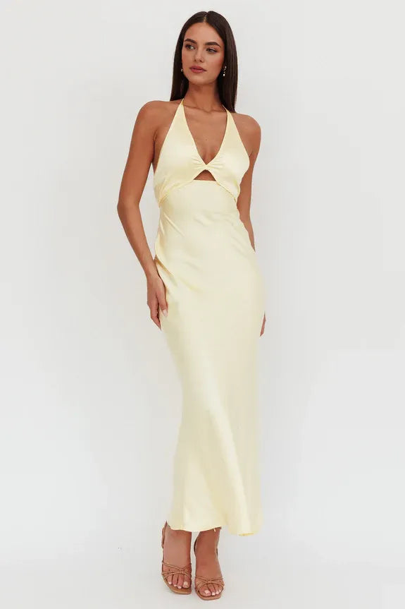 Simple Halter V Neck Keyhole Bust Lemon Maxi Homecoming Dress Prom Dress