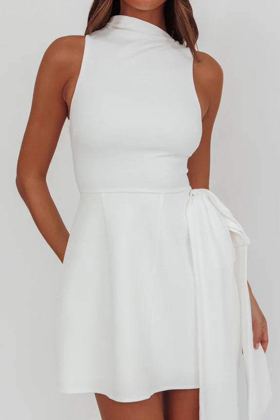Simple High Neck Sleeveless White Mini Homecoming Dress With Streamer