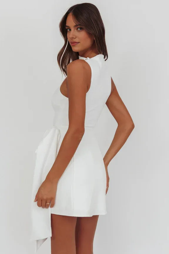 Simple High Neck Sleeveless White Mini Homecoming Dress With Streamer