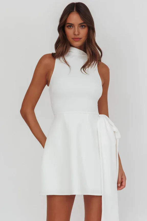 Simple High Neck Sleeveless White Mini Homecoming Dress With Streamer