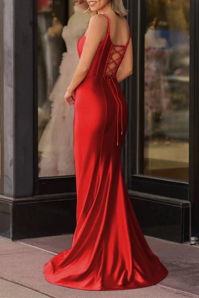 Simple Hot Pink Satin Waist Spaghetti Straps Mermaid Prom Dress Evening Dress With Slit