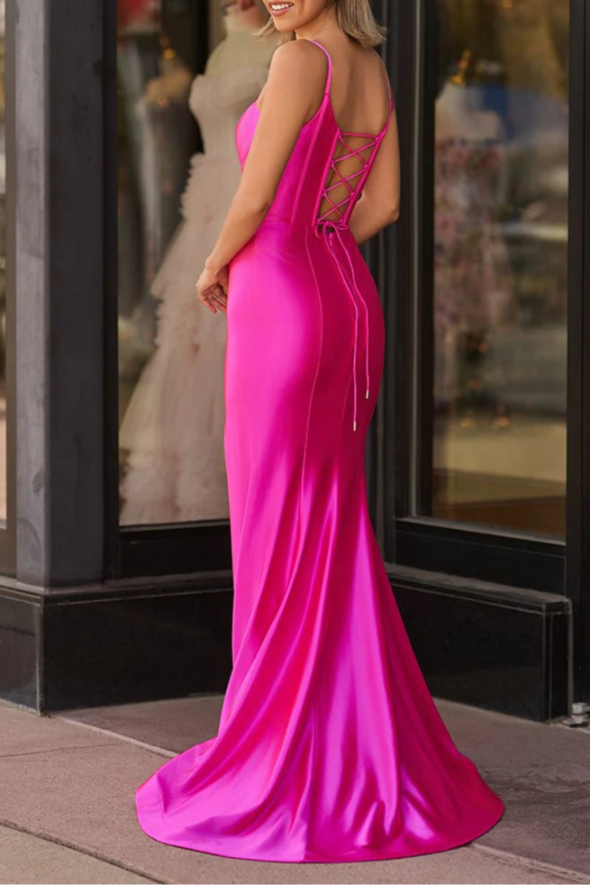 Simple Hot Pink Satin Waist Spaghetti Straps Mermaid Prom Dress Evening Dress With Slit