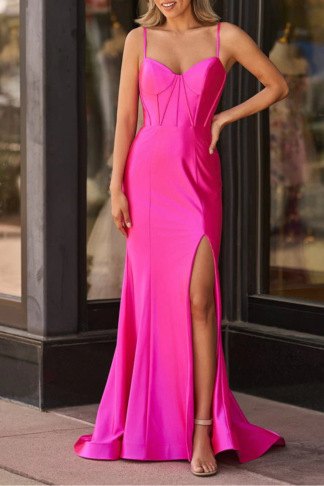 Simple Hot Pink Satin Waist Spaghetti Straps Mermaid Prom Dress Evening Dress With Slit