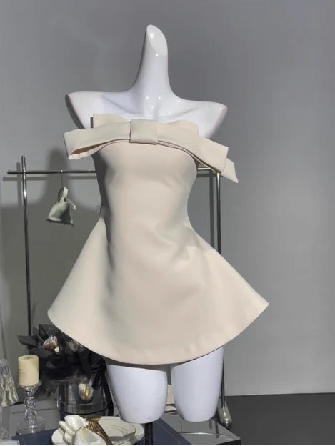 Simple Ivory Satin Tube Top Bow Waist Birthday Skirt Homecoming Dress Ivory Evening Dress