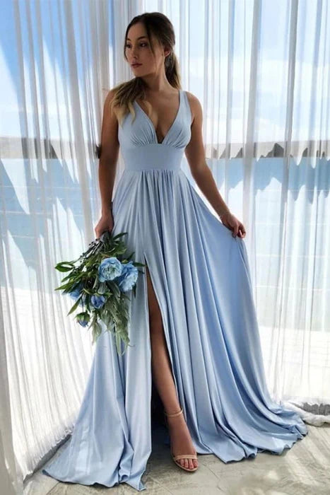 Simple Light Blue Deep V Neck Floor Length Prom Flowy Bridesmaid Dresses With Side Slit