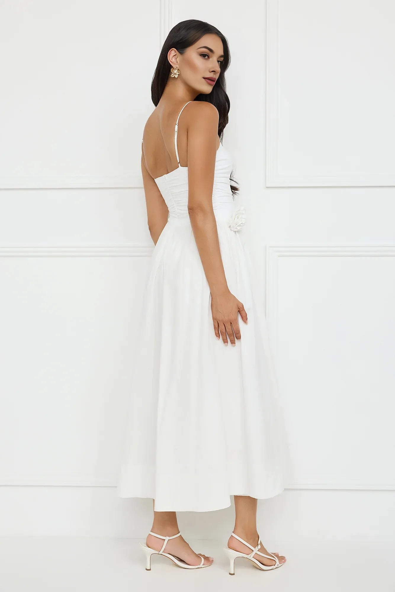 Simple Lovely A-line Spaghetti Straps 3D Flower White Maxi Prom Dress For Sale