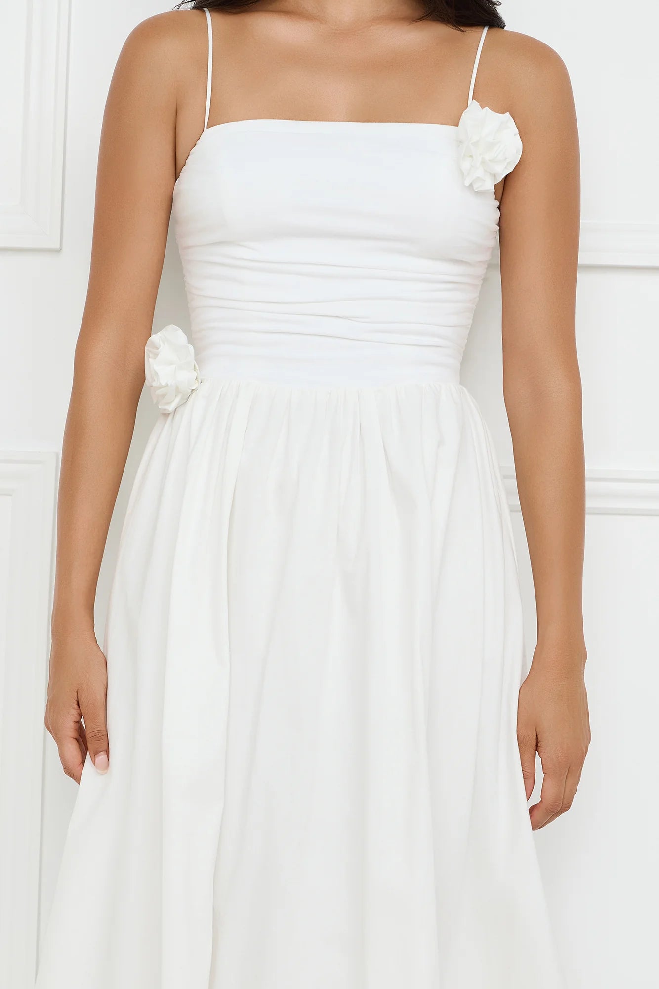 Simple Lovely A-line Spaghetti Straps 3D Flower White Maxi Prom Dress For Sale