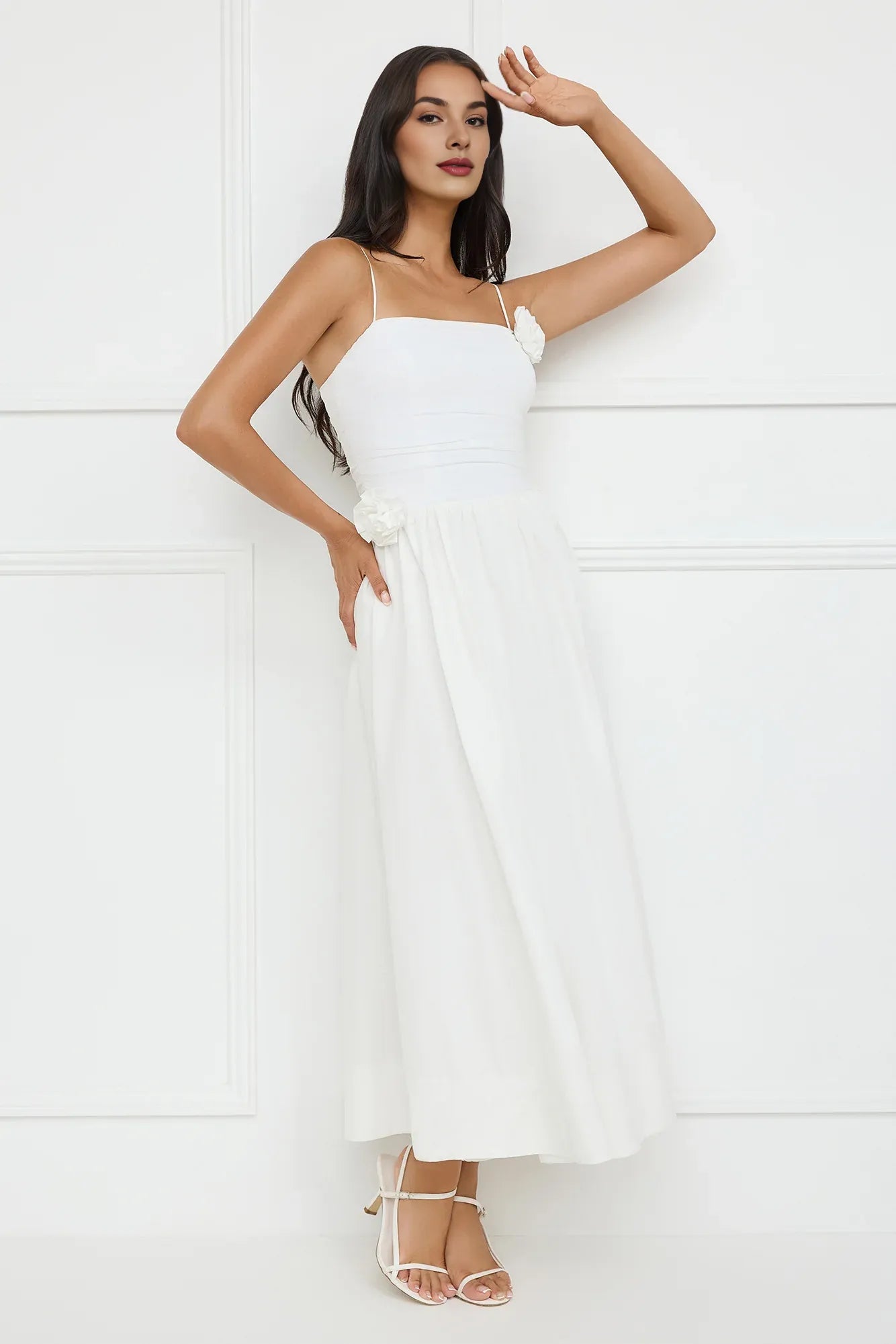 Simple Lovely A-line Spaghetti Straps 3D Flower White Maxi Prom Dress For Sale