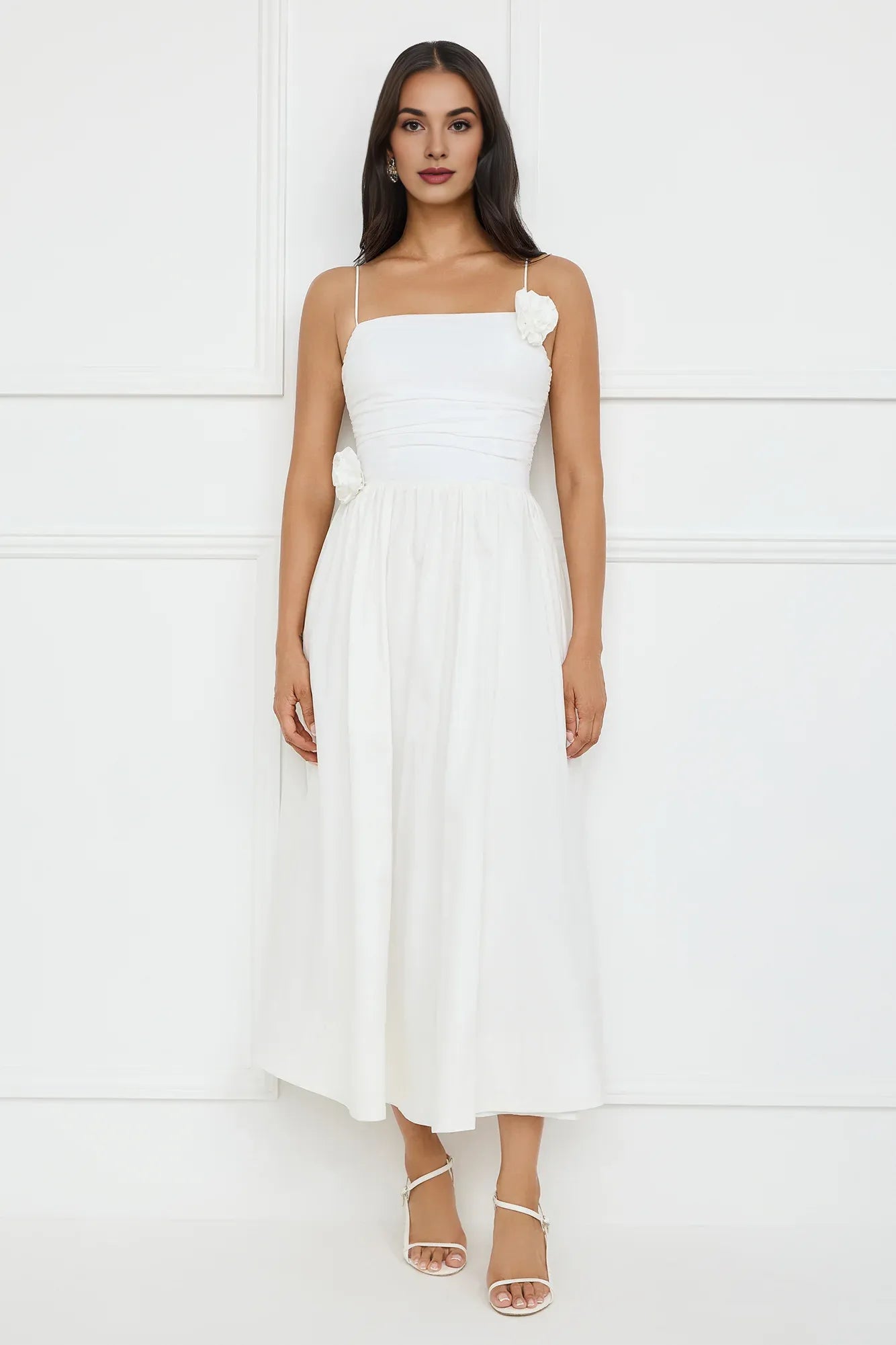 Simple Lovely A-line Spaghetti Straps 3D Flower White Maxi Prom Dress For Sale
