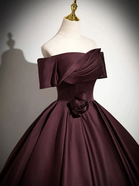 Simple Maroon Satin Off Shoulder A-line Long Party Dress Prom Dress