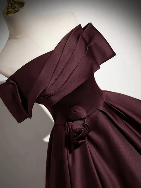Simple Maroon Satin Off Shoulder A-line Long Party Dress Prom Dress