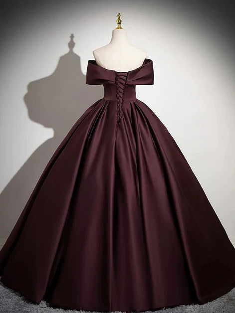 Simple Maroon Satin Off Shoulder A-line Long Party Dress Prom Dress