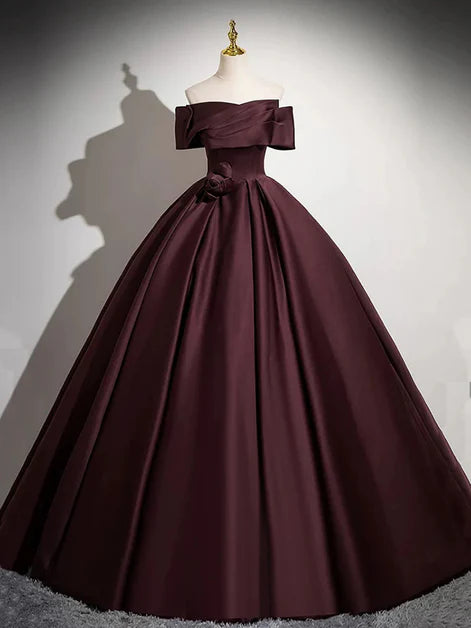 Simple Maroon Satin Off Shoulder A-line Long Party Dress Prom Dress