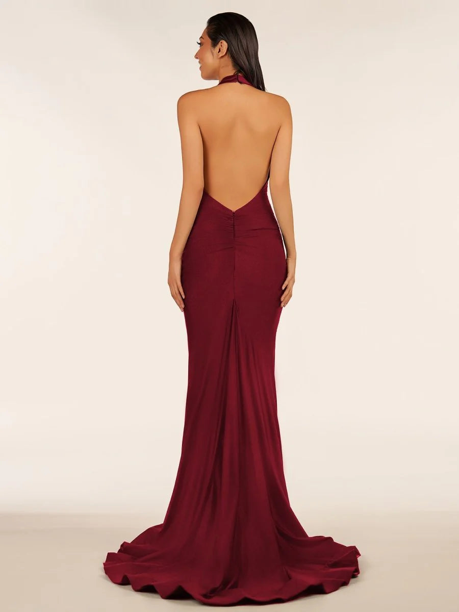 Simple Mermaid Halter Backless Black Prom Dress With Sweep Train