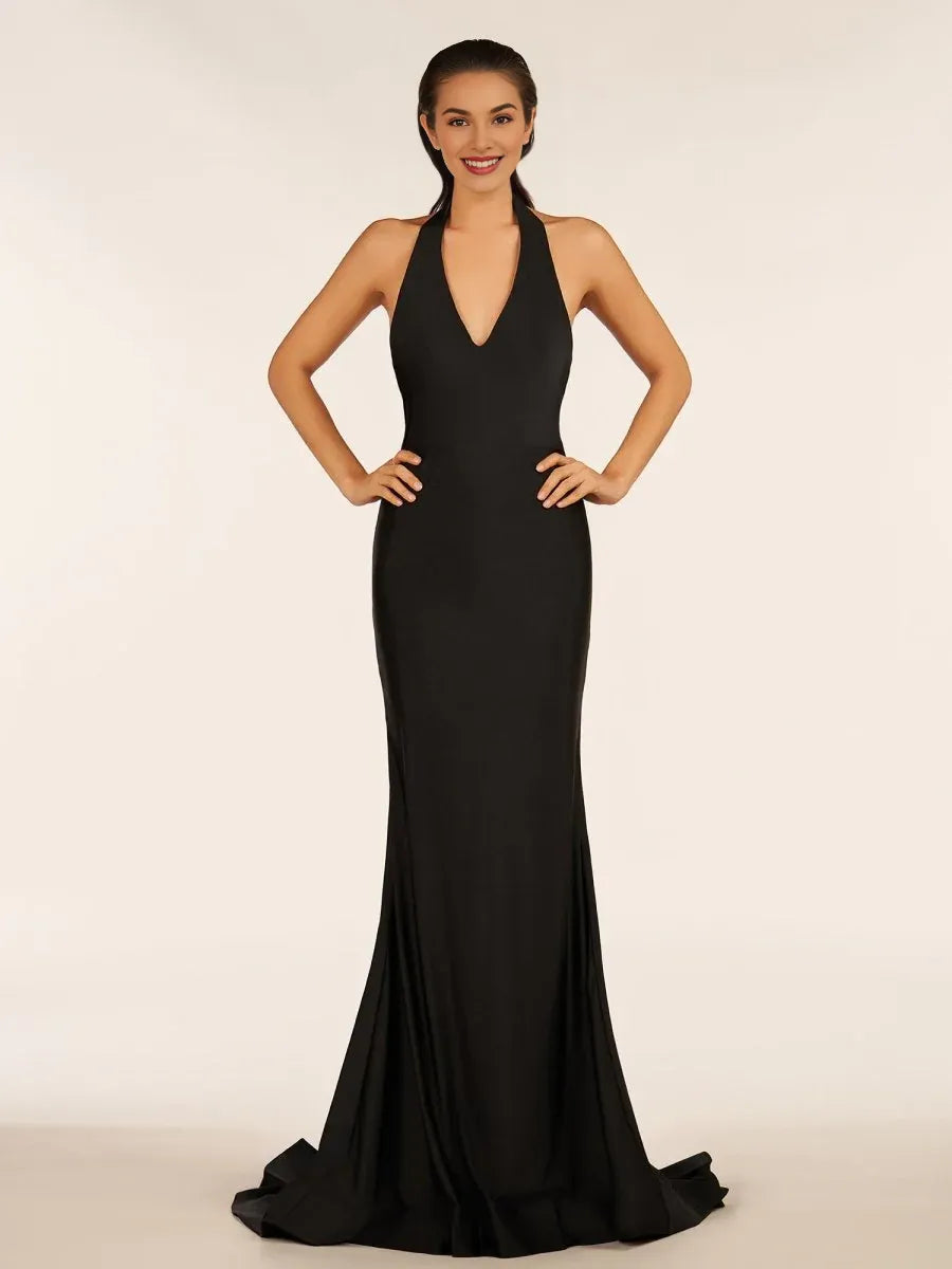 Simple Mermaid Halter Backless Black Prom Dress With Sweep Train