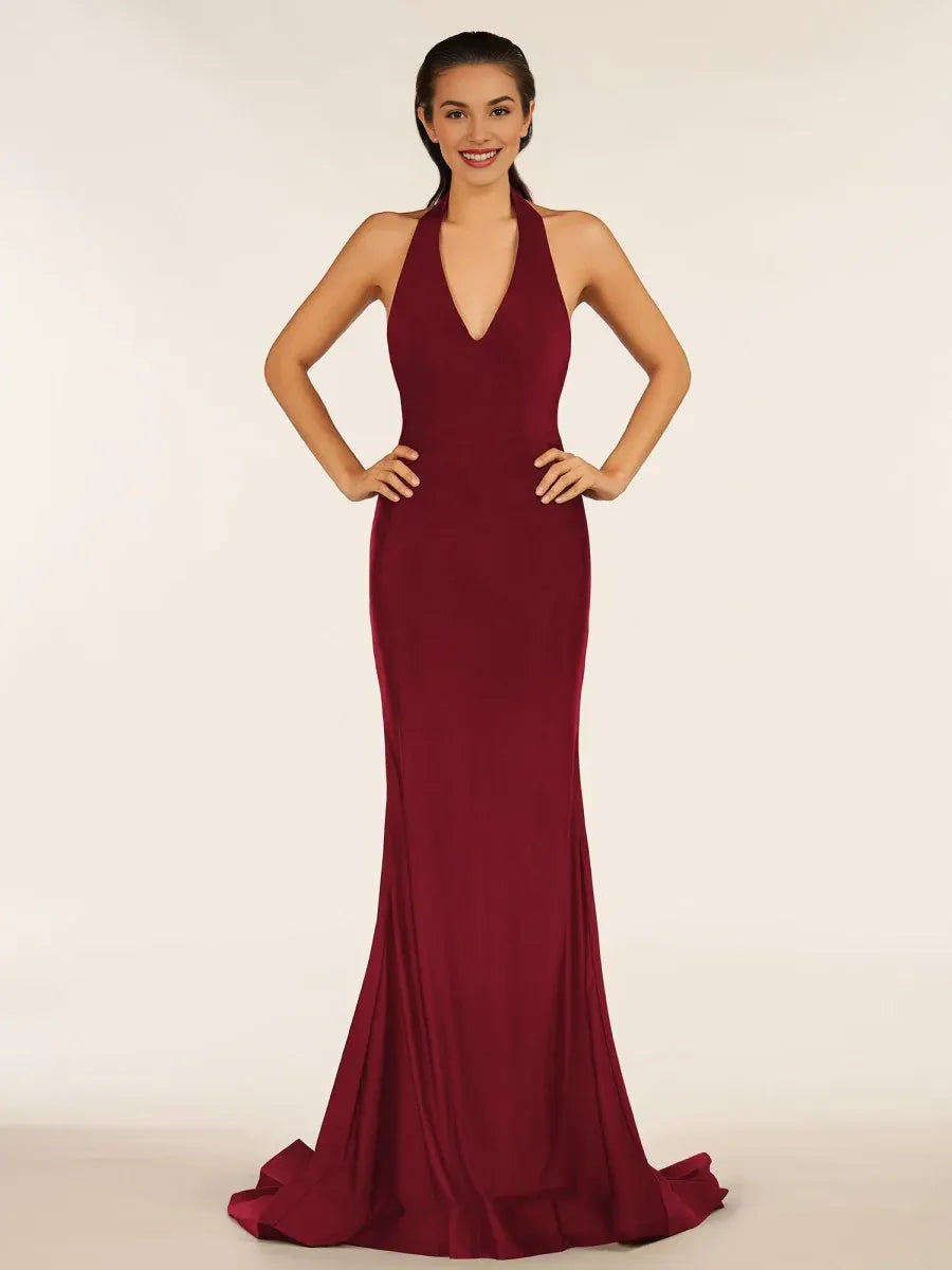 Simple Mermaid Halter Backless Black Prom Dress With Sweep Train