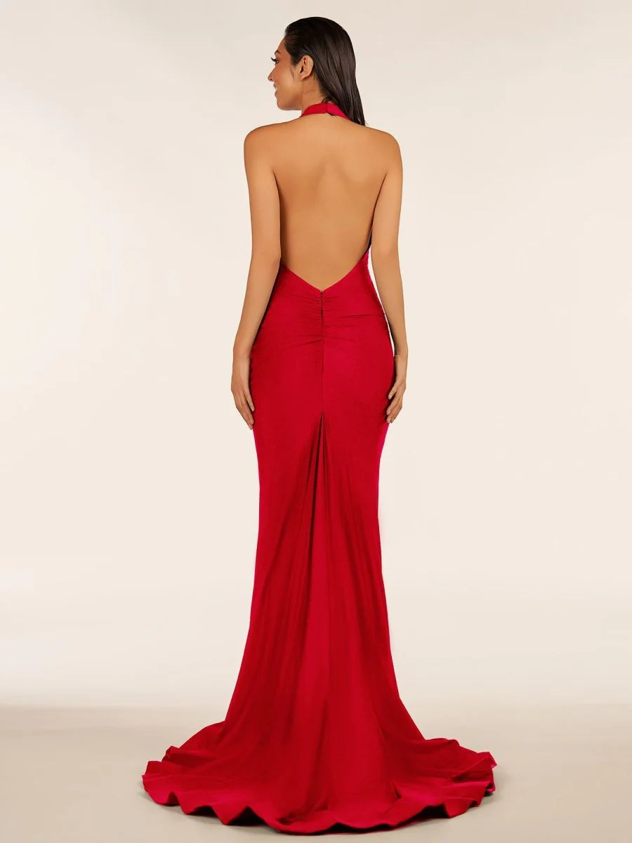 Simple Mermaid Halter Backless Black Prom Dress With Sweep Train