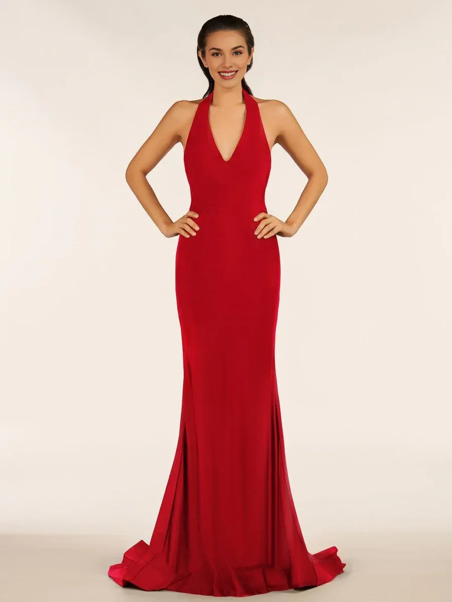 Simple Mermaid Halter Backless Black Prom Dress With Sweep Train