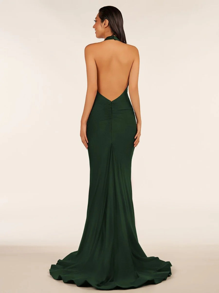 Simple Mermaid Halter Backless Black Prom Dress With Sweep Train