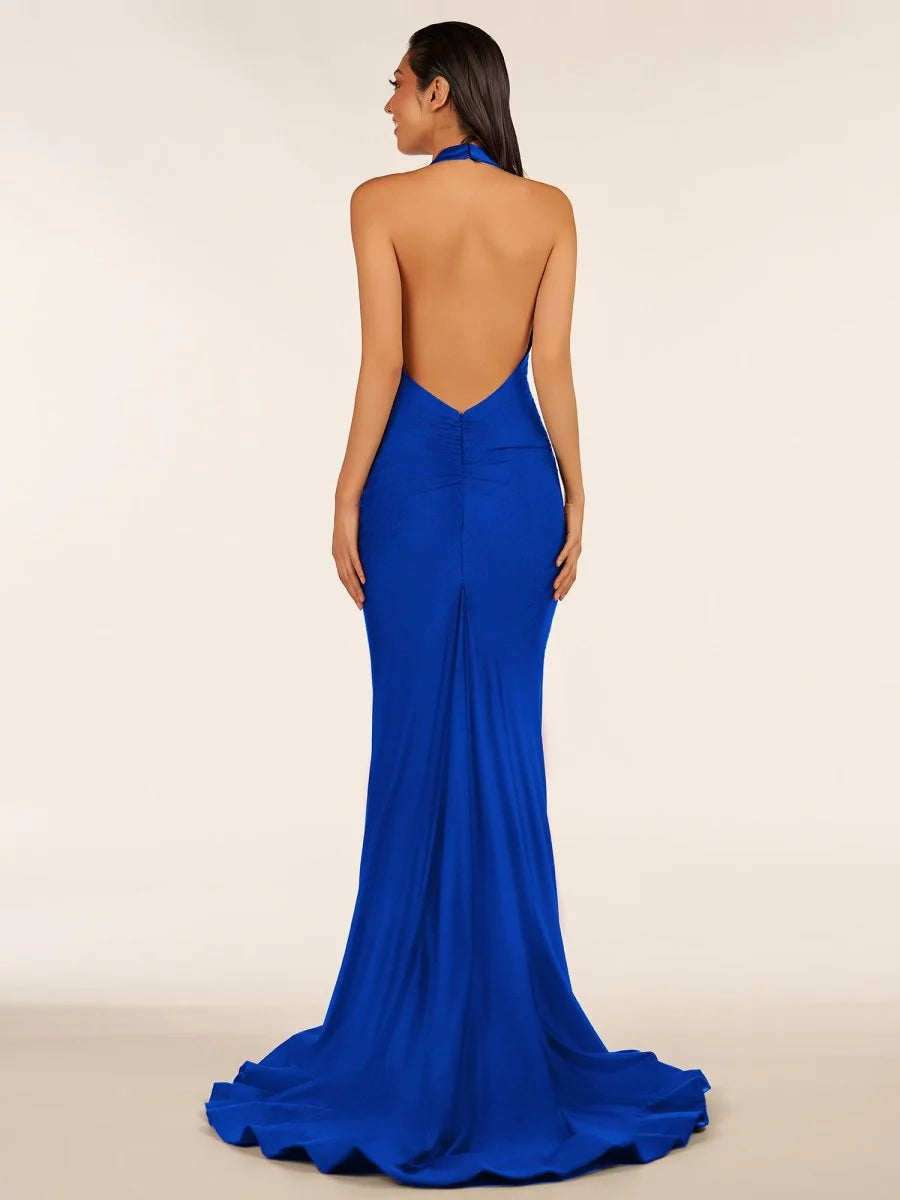 Simple Mermaid Halter Backless Black Prom Dress With Sweep Train