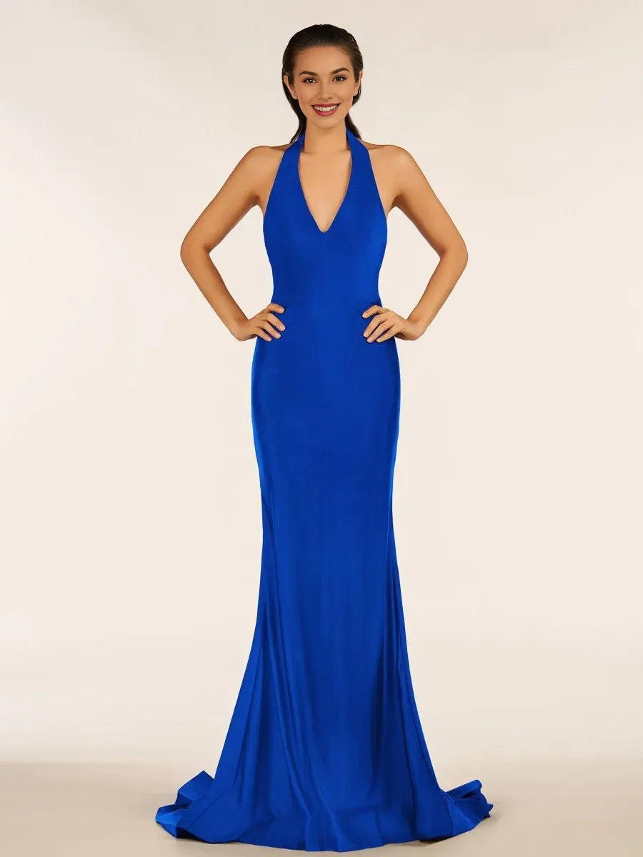 Simple Mermaid Halter Backless Black Prom Dress With Sweep Train